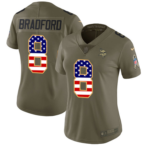 Nike Vikings #8 Sam Bradford Olive/USA Flag Women's Stitched NFL Limited Salute to Service Jersey